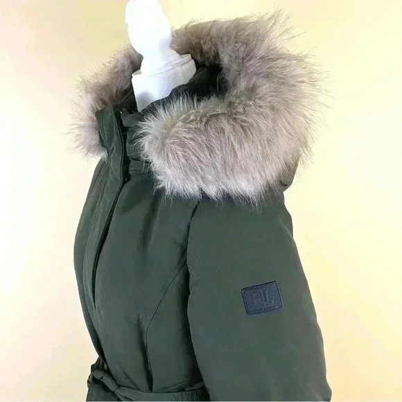 NWT Lauren Ralph Lauren Green Faux Fur Hood Tie Waist Puffer Parka Coat Size S - Picture 3 of 16